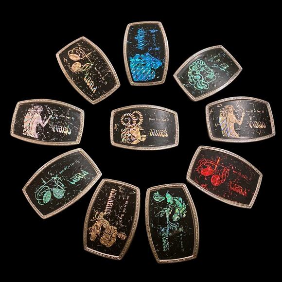 Vintage 1970’s Black Distressed Prismatic Zodiac Belt Buckle | Silver Libra - Picture 6 of 6